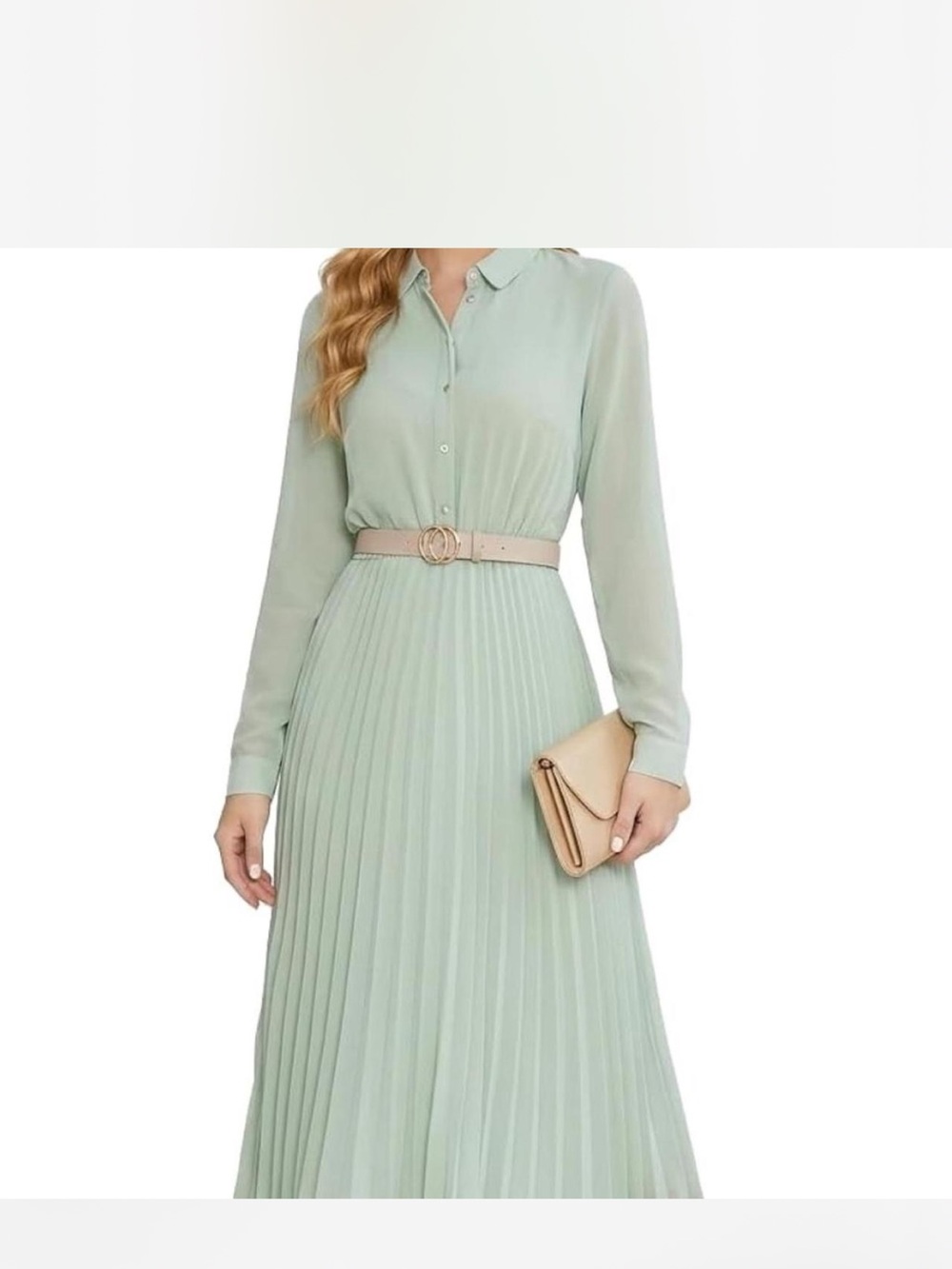 Pleated Long-Sleeve Shirt Dress in Mint Green